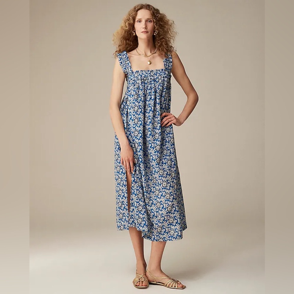 J. Crew Cotton voile ruffle-trim shift dress in cobalt floral - Sz Large